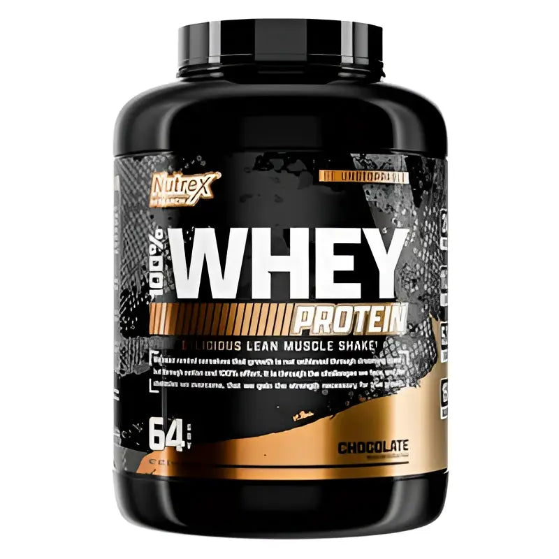 Envase negro de plástico con etiqueta dorada y blanca de nutrex research con proteína de suero de leche 100% alta calidad